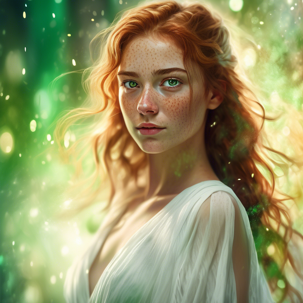 A young woman with freckles and vibrant green eyes, wearing a flowing white dress, captured in a close-up portrait shot, with 8K resolution, soft lighting, and a bokeh background.