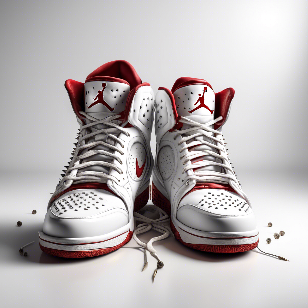 a pair of michael jordan sneakers with spikes on its bottom sole white background hyperrealistic, full body, detailed clothing, highly detailed, cinematic lighting, stunningly beautiful, intricate, sharp focus, f/1. 8, 85mm, (centered image composition), (professionally color graded), ((bright soft diffused light)), volumetric fog, trending on instagram, trending on tumblr, HDR 4K, 8K