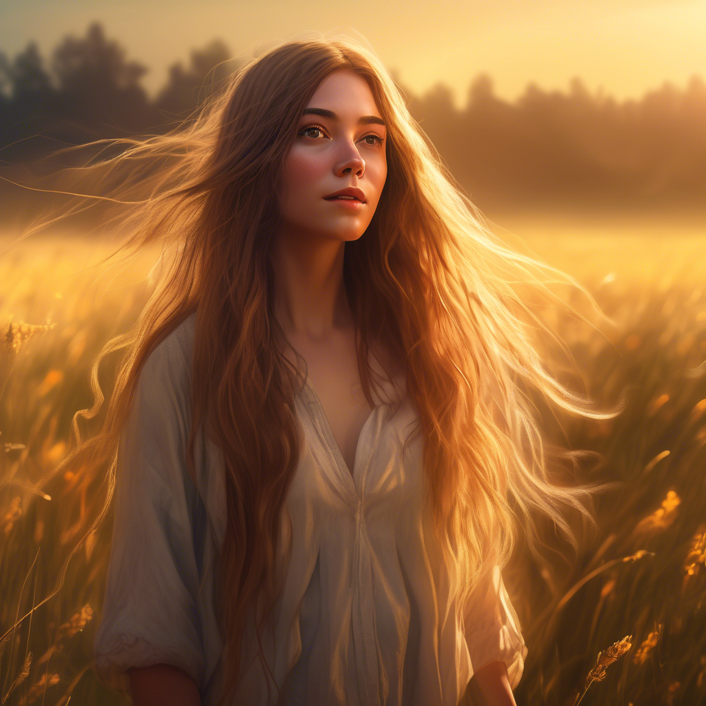 A beautiful girl with long flowing hair, standing in a meadow during golden hour, the sunlight softly illuminating her face, captured with a 4K ultra-wide lens, shallow depth of field, and cinematic color grading.