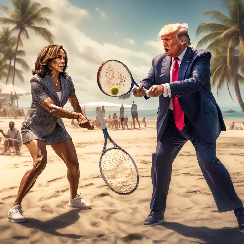 donald trump and kamala harris playing tennis on a beach highly detailed, cinematic lighting, stunningly beautiful, intricate, sharp focus, f/1. 8, 85mm, (centered image composition), (professionally color graded), ((bright soft diffused light)), HDR 4K, 8K