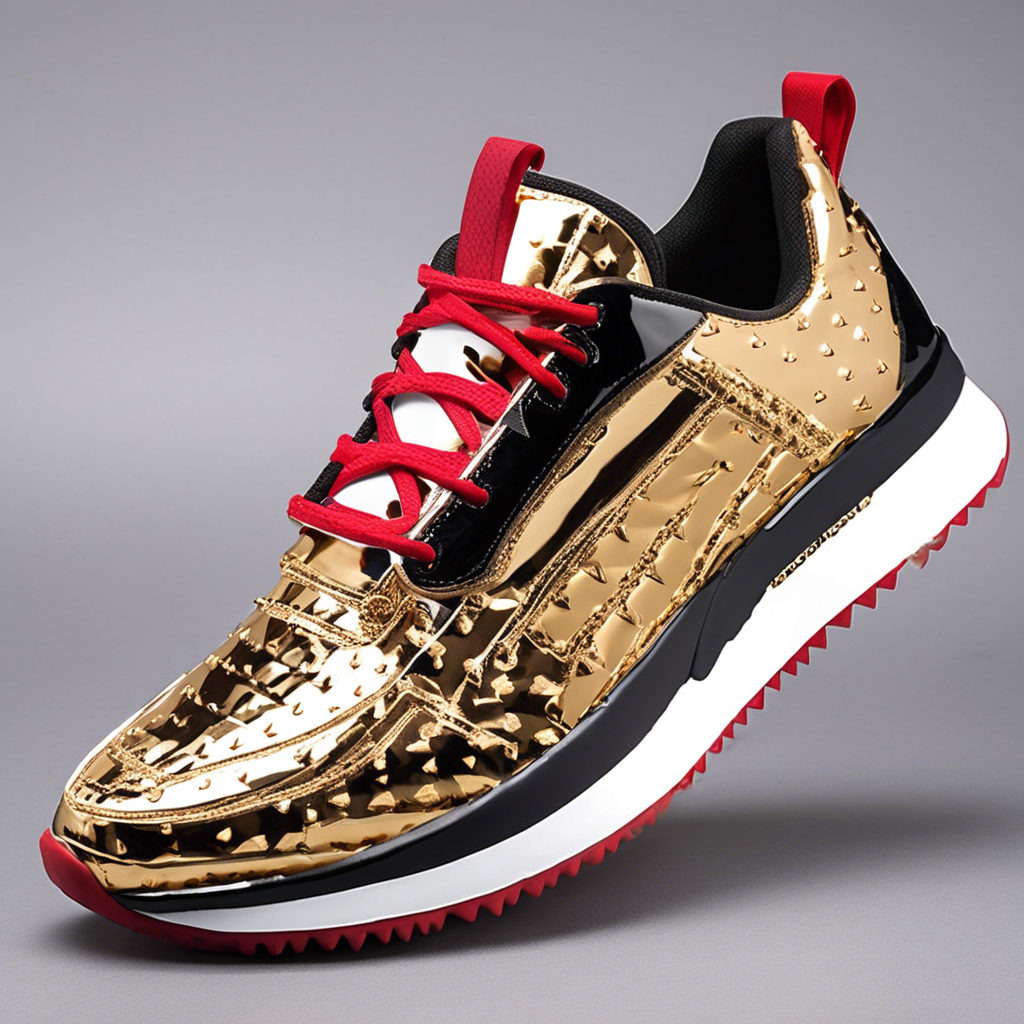 sneaker with donald trump print design, designed with a sleek, modern aesthetic and advanced technology. The sneakers should feature: Upper Design: Lightweight, breathable mesh and synthetic leather upper with strategically placed reinforcements around the toe and sides. Include an adaptive lacing system and an external TPU heel counter for support. Sole Design: A dual-density outsole with "Go-Stop" technology, featuring tiny, strategically arranged spikes made of a thermoplastic polyurethane (TPU) and graphene-enhanced rubber blend. The spikes should be visible and emphasize their function for grip and controlled sliding. Color and Details: Showcase the sneakers in a classic white base with vibrant accents (such as neon or reflective elements), highlighting the brand's logo on the tongue and heel. Include subtle perforations and mesh panels for ventilation. Context: Display the sneakers on a tennis court with a slight sliding motion, demonstrating the controlled stopping capability of the "Go-Stop" technology. Optionally, include a player in action, focusing on the foot movement and grip. Aesthetic: The overall look should be dynamic, clean, and professional, emphasizing the shoe's cutting-edge design and performance features.  hyperrealistic, full body, detailed clothing, highly detailed, cinematic lighting, stunningly beautiful, intricate, sharp focus, f/1. 8, 85mm, (centered image composition), (professionally color graded), ((bright soft diffused light)), volumetric fog, trending on instagram, trending on tumblr, HDR 4K, 8K