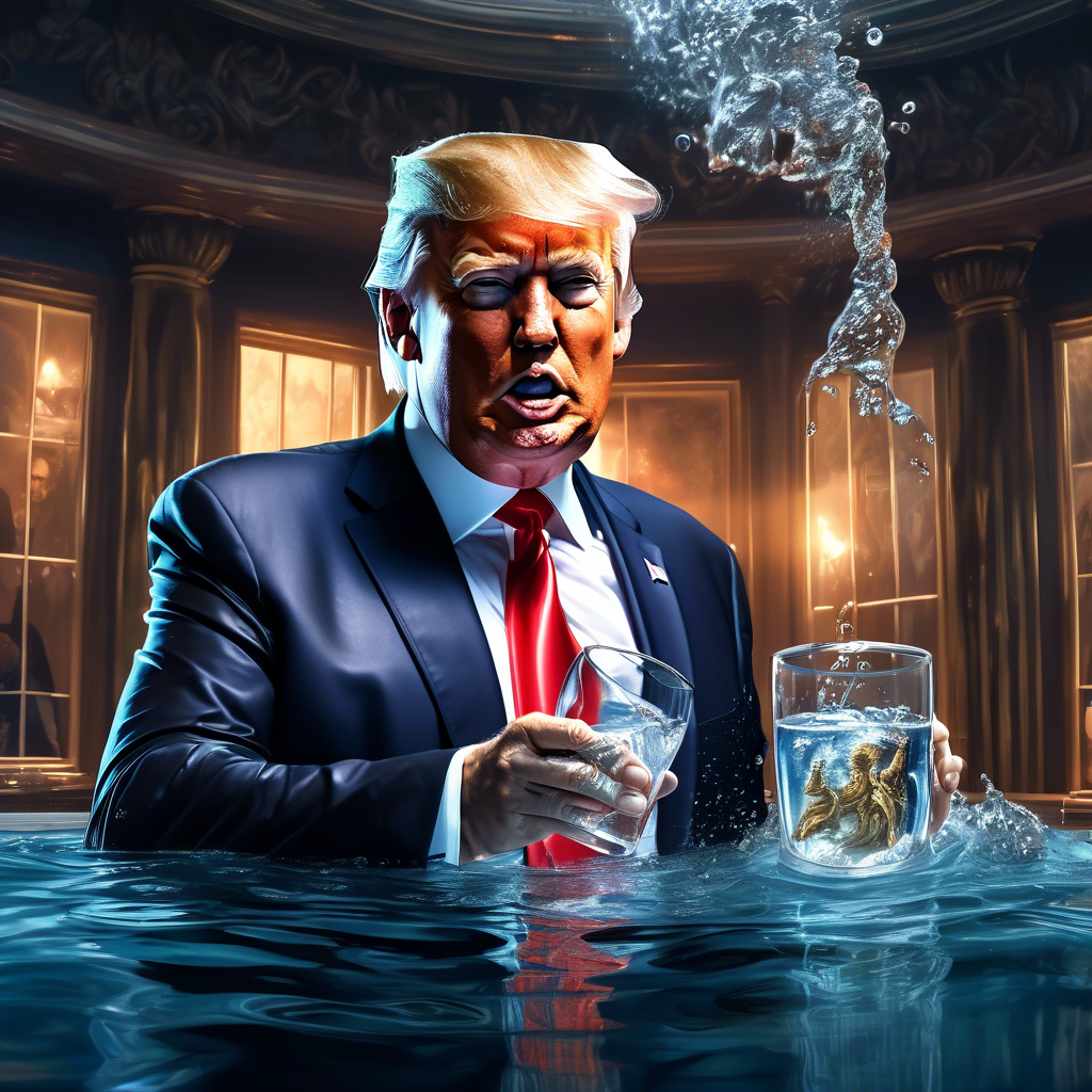 donald trump swimming into a glass of water with Kamala Harris and Putin highly detailed, cinematic lighting, stunningly beautiful, intricate, sharp focus, f/1. 8, 85mm, (centered image composition), (professionally color graded), ((bright soft diffused light)), HDR 4K, 8K