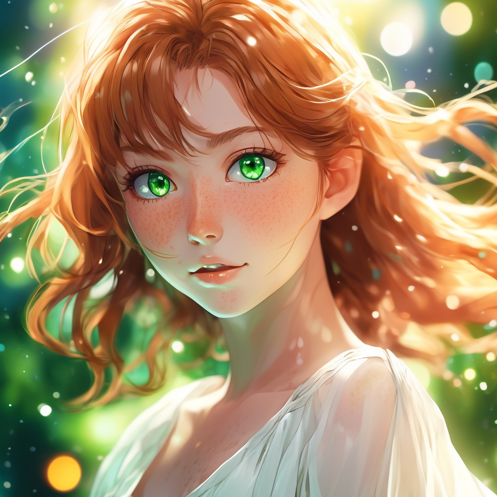 A young woman with freckles and vibrant green eyes, wearing a flowing white dress, captured in a close-up portrait shot, with 8K resolution, soft lighting, and a bokeh background.