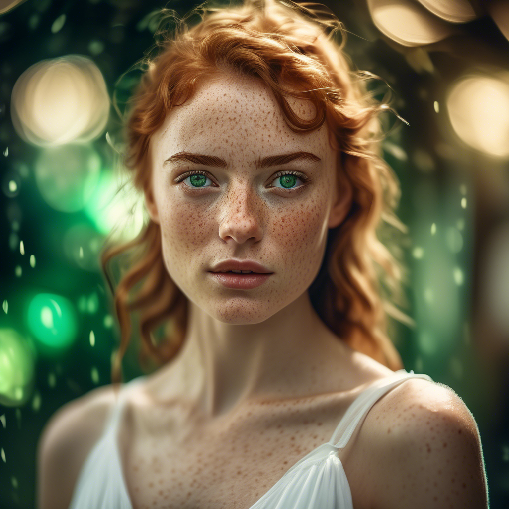 A young woman with freckles and vibrant green eyes, wearing a flowing white dress, captured in a close-up portrait shot, with 8K resolution, soft lighting, and a bokeh background.