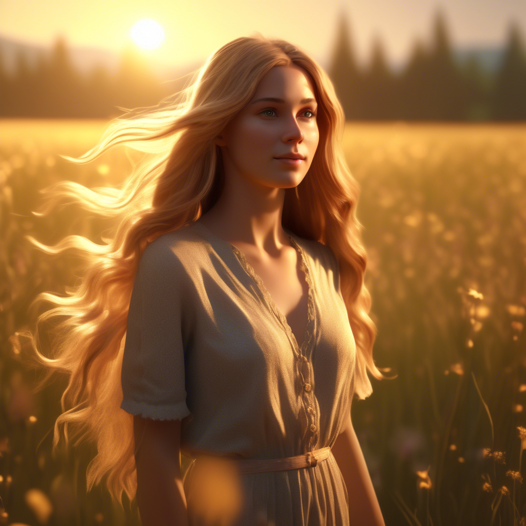 A beautiful girl with long flowing hair, standing in a meadow during golden hour, the sunlight softly illuminating her face, captured with a 4K ultra-wide lens, shallow depth of field, and cinematic color grading.