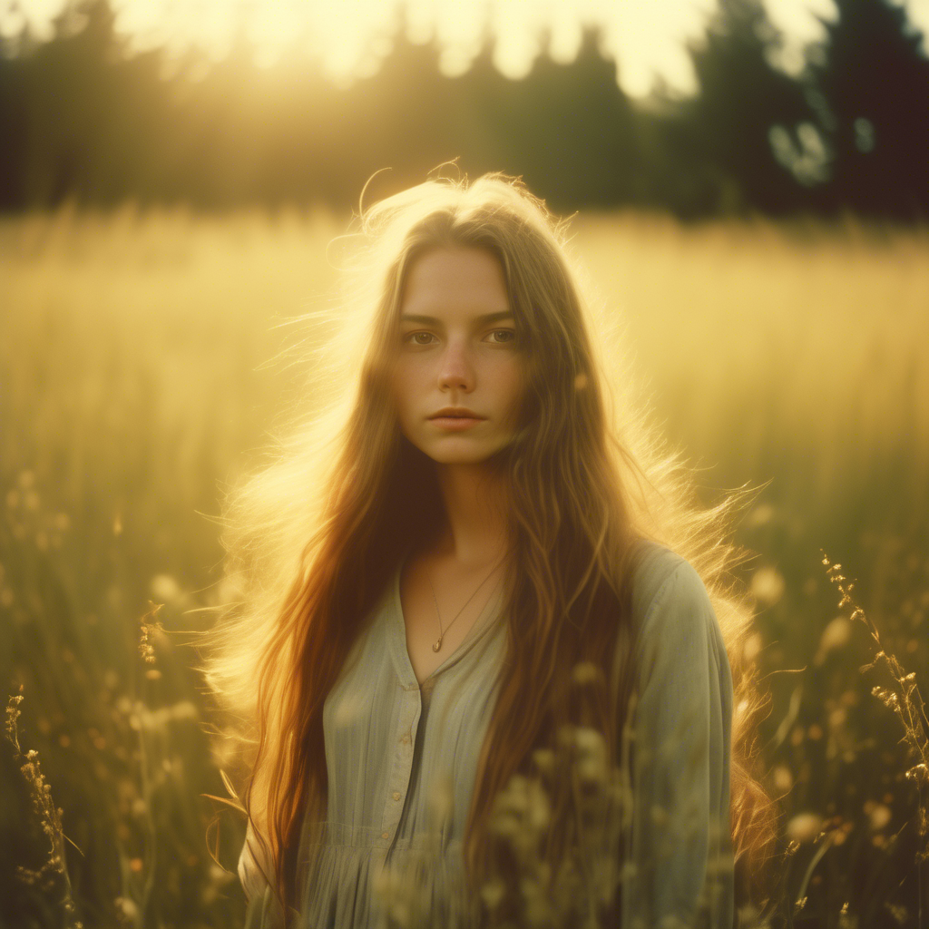 A beautiful girl with long flowing hair, standing in a meadow during golden hour, the sunlight softly illuminating her face, captured with a 4K ultra-wide lens, shallow depth of field, and cinematic color grading.