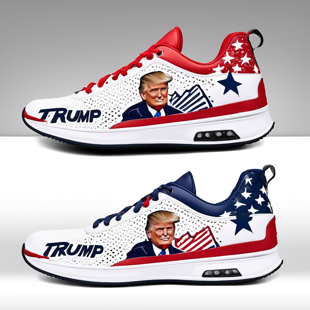 sneaker with donald trump face print design, designed with a sleek, modern aesthetic and advanced technology. The sneakers should feature: Upper Design: Lightweight, breathable mesh and synthetic leather upper with strategically placed reinforcements around the toe and sides. Include an adaptive lacing system and an external TPU heel counter for support. Sole Design: A dual-density outsole with "Go-Stop" technology, featuring tiny, strategically arranged spikes made of a thermoplastic polyurethane (TPU) and graphene-enhanced rubber blend. The spikes should be visible and emphasize their function for grip and controlled sliding. Color and Details: Showcase the sneakers in a classic white base with vibrant accents (such as neon or reflective elements), highlighting the brand's logo on the tongue and heel. Include subtle perforations and mesh panels for ventilation. Context: Display the sneakers on a tennis court with a slight sliding motion, demonstrating the controlled stopping capability of the "Go-Stop" technology. Optionally, include a player in action, focusing on the foot movement and grip. Aesthetic: The overall look should be dynamic, clean, and professional, emphasizing the shoe's cutting-edge design and performance features.  hyperrealistic, full body, detailed clothing, highly detailed, cinematic lighting, stunningly beautiful, intricate, sharp focus, f/1. 8, 85mm, (centered image composition), (professionally color graded), ((bright soft diffused light)), volumetric fog, trending on instagram, trending on tumblr, HDR 4K, 8K
