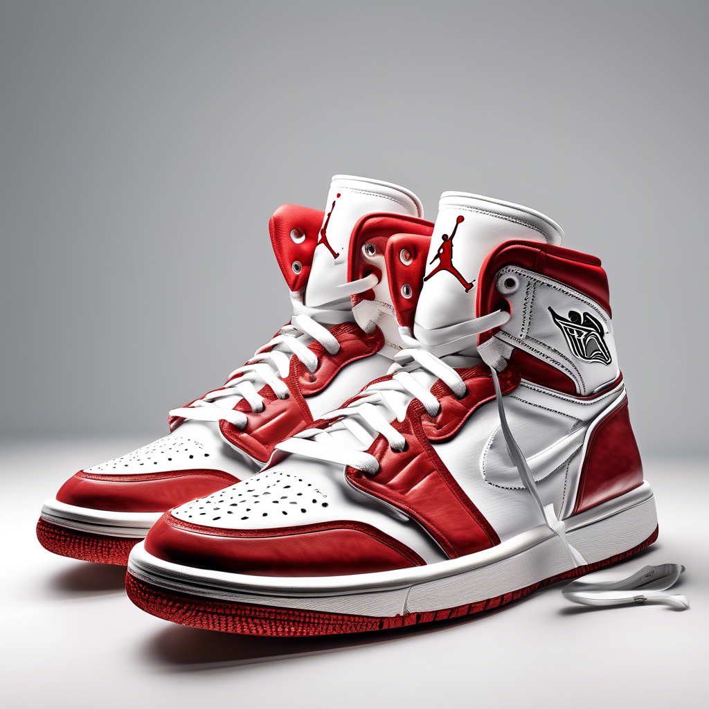 a pair of michael jordan sneakers with spikes on its bottom sole white background hyperrealistic, full body, detailed clothing, highly detailed, cinematic lighting, stunningly beautiful, intricate, sharp focus, f/1. 8, 85mm, (centered image composition), (professionally color graded), ((bright soft diffused light)), volumetric fog, trending on instagram, trending on tumblr, HDR 4K, 8K