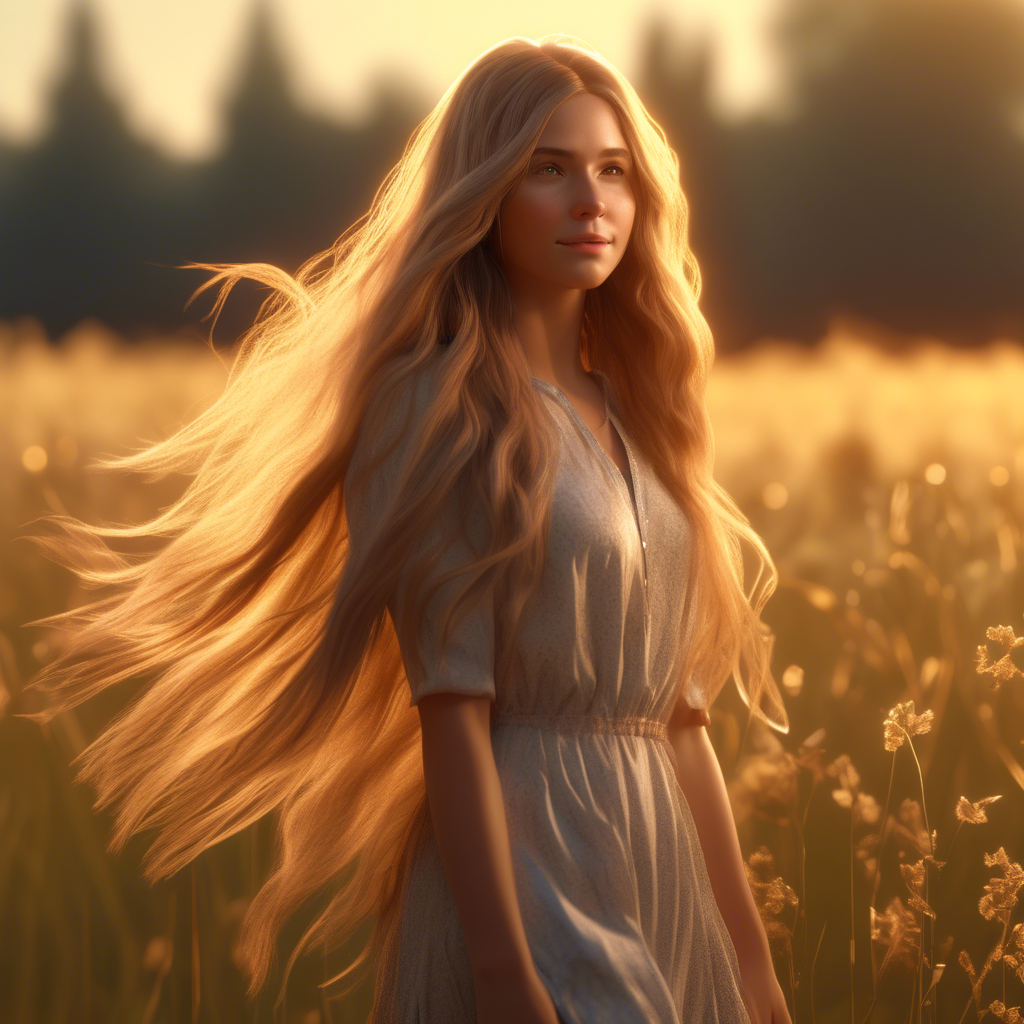 A beautiful girl with long flowing hair, standing in a meadow during golden hour, the sunlight softly illuminating her face, captured with a 4K ultra-wide lens, shallow depth of field, and cinematic color grading.