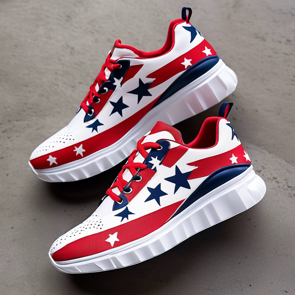 sneaker with donald trump face print design, designed with a sleek, modern aesthetic and advanced technology. The sneakers should feature: Upper Design: Lightweight, breathable mesh and synthetic leather upper with strategically placed reinforcements around the toe and sides. Include an adaptive lacing system and an external TPU heel counter for support. Sole Design: A dual-density outsole with "Go-Stop" technology, featuring tiny, strategically arranged spikes made of a thermoplastic polyurethane (TPU) and graphene-enhanced rubber blend. The spikes should be visible and emphasize their function for grip and controlled sliding. Color and Details: Showcase the sneakers in a classic white base with vibrant accents (such as neon or reflective elements), highlighting the brand's logo on the tongue and heel. Include subtle perforations and mesh panels for ventilation. Context: Display the sneakers on a tennis court with a slight sliding motion, demonstrating the controlled stopping capability of the "Go-Stop" technology. Optionally, include a player in action, focusing on the foot movement and grip. Aesthetic: The overall look should be dynamic, clean, and professional, emphasizing the shoe's cutting-edge design and performance features.  hyperrealistic, full body, detailed clothing, highly detailed, cinematic lighting, stunningly beautiful, intricate, sharp focus, f/1. 8, 85mm, (centered image composition), (professionally color graded), ((bright soft diffused light)), volumetric fog, trending on instagram, trending on tumblr, HDR 4K, 8K