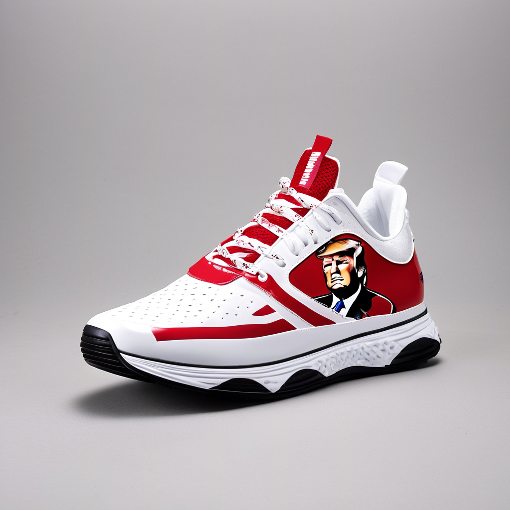 sneaker with donald trump face print design, designed with a sleek, modern aesthetic and advanced technology. The sneakers should feature: Upper Design: Lightweight, breathable mesh and synthetic leather upper with strategically placed reinforcements around the toe and sides. Include an adaptive lacing system and an external TPU heel counter for support. Sole Design: A dual-density outsole with "Go-Stop" technology, featuring tiny, strategically arranged spikes made of a thermoplastic polyurethane (TPU) and graphene-enhanced rubber blend. The spikes should be visible and emphasize their function for grip and controlled sliding. Color and Details: Showcase the sneakers in a classic white base with vibrant accents (such as neon or reflective elements), highlighting the brand's logo on the tongue and heel. Include subtle perforations and mesh panels for ventilation. Context: Display the sneakers on a tennis court with a slight sliding motion, demonstrating the controlled stopping capability of the "Go-Stop" technology. Optionally, include a player in action, focusing on the foot movement and grip. Aesthetic: The overall look should be dynamic, clean, and professional, emphasizing the shoe's cutting-edge design and performance features.  hyperrealistic, full body, detailed clothing, highly detailed, cinematic lighting, stunningly beautiful, intricate, sharp focus, f/1. 8, 85mm, (centered image composition), (professionally color graded), ((bright soft diffused light)), volumetric fog, trending on instagram, trending on tumblr, HDR 4K, 8K