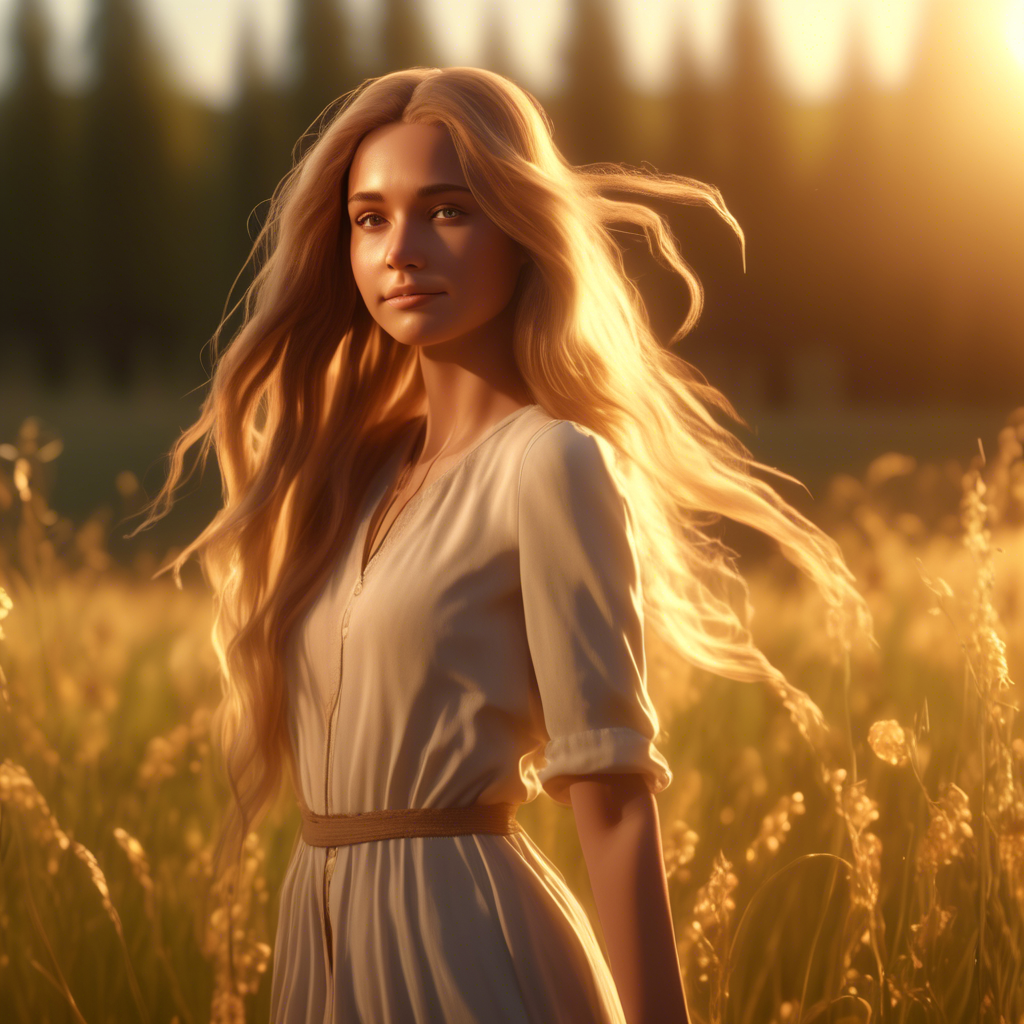 A beautiful girl with long flowing hair, standing in a meadow during golden hour, the sunlight softly illuminating her face, captured with a 4K ultra-wide lens, shallow depth of field, and cinematic color grading.