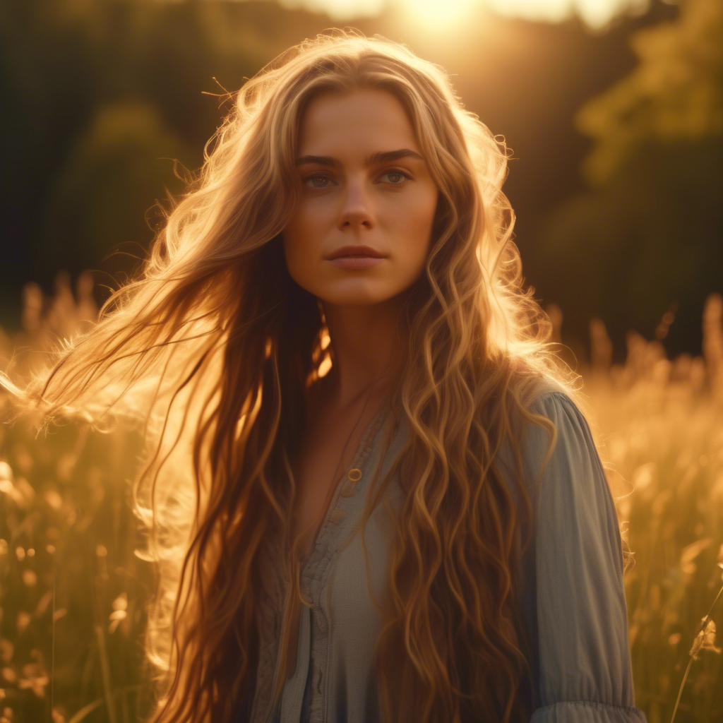 A beautiful girl with long flowing hair, standing in a meadow during golden hour, the sunlight softly illuminating her face, captured with a 4K ultra-wide lens, shallow depth of field, and cinematic color grading.