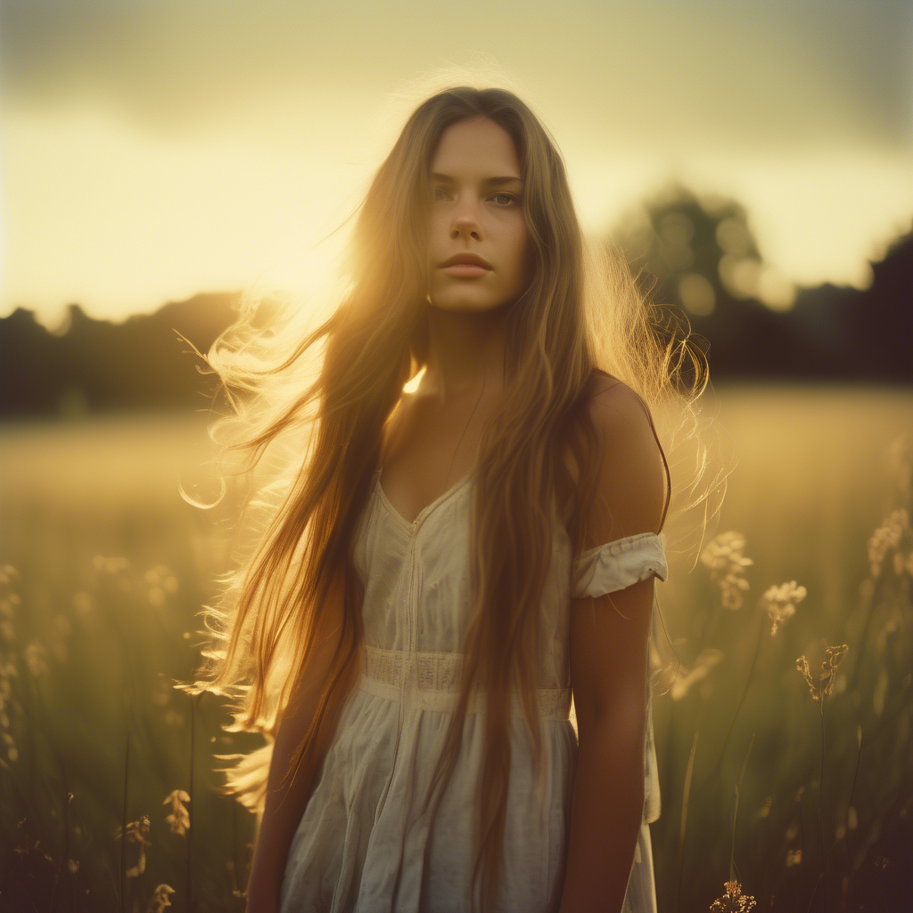 A beautiful girl with long flowing hair, standing in a meadow during golden hour, the sunlight softly illuminating her face, captured with a 4K ultra-wide lens, shallow depth of field, and cinematic color grading.