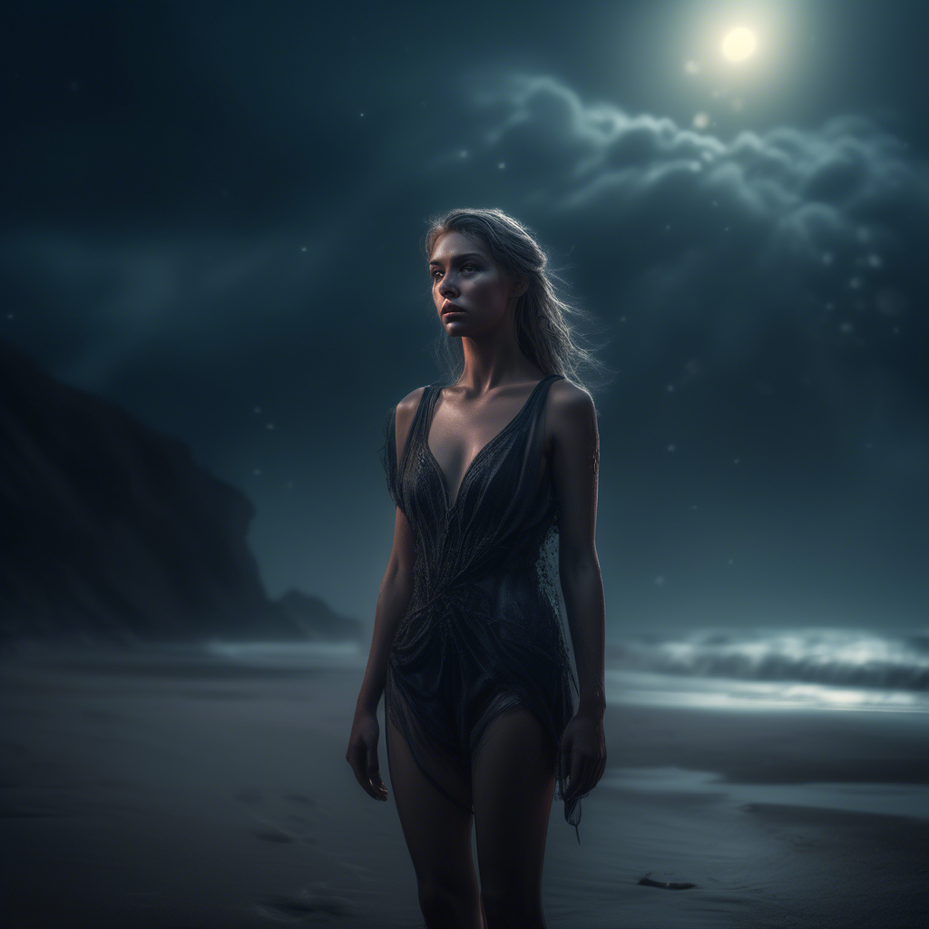 girl at beach in bathing suite very dark! hyperrealistic, full body, detailed clothing, highly detailed, cinematic lighting, stunningly beautiful, intricate, sharp focus, f/1. 8, 85mm, (centered image composition), (professionally color graded), ((bright soft diffused light)), volumetric fog, trending on instagram, trending on tumblr, HDR 4K, 8K