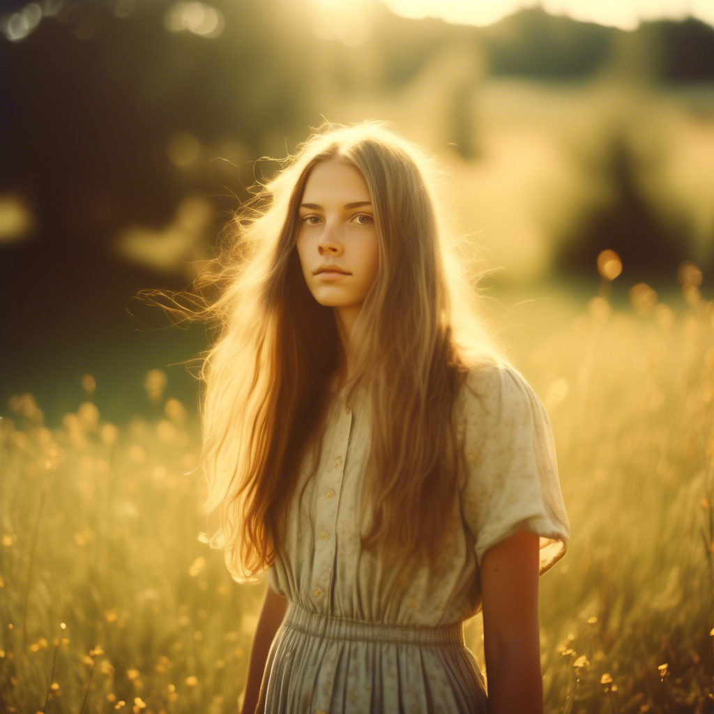 A beautiful girl with long flowing hair, standing in a meadow during golden hour, the sunlight softly illuminating her face, captured with a 4K ultra-wide lens, shallow depth of field, and cinematic color grading.