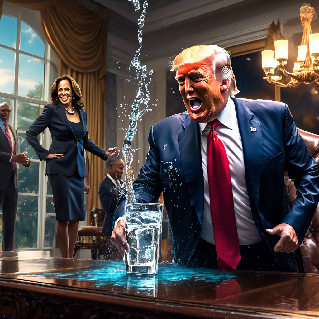 donald trump making a backflip into a glass of water with Kamala Harris highly detailed, cinematic lighting, stunningly beautiful, intricate, sharp focus, f/1. 8, 85mm, (centered image composition), (professionally color graded), ((bright soft diffused light)), HDR 4K, 8K
