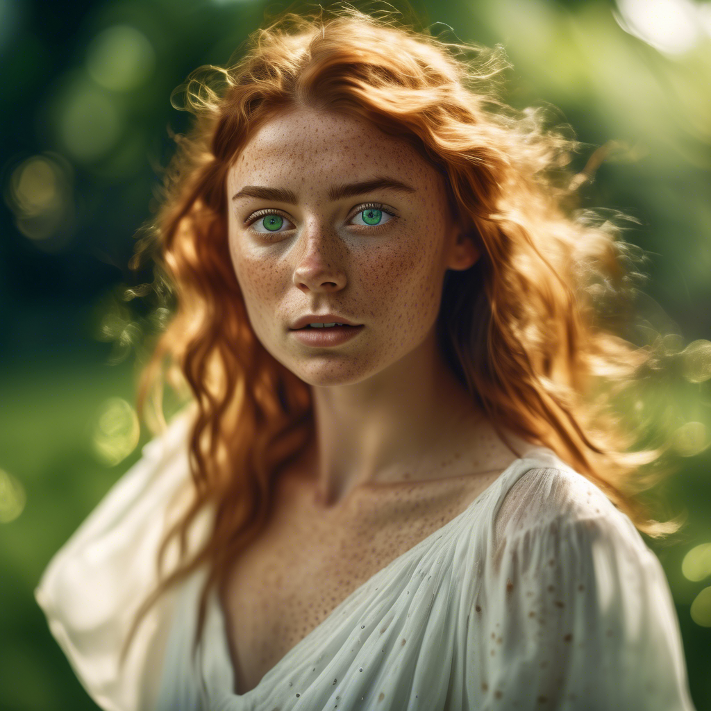 A young woman with freckles and vibrant green eyes, wearing a flowing white dress, captured in a close-up portrait shot, with 8K resolution, soft lighting, and a bokeh background.