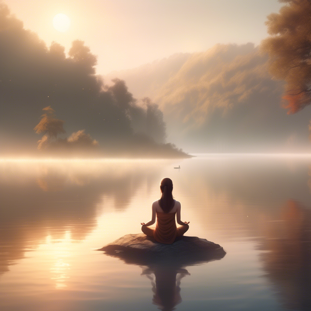 A serene girl meditating by a tranquil lake at sunrise, the mist hovering above the water, captured in 4K with an ultra-wide lens and warm, natural tones.