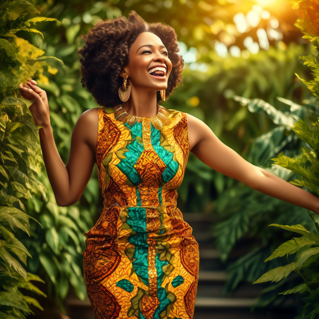 A joyful woman wearing a vibrant Ankara fabric dress with intricate patterns, adorned with golden jewelry. She stands outdoors with a sunny background of lush green foliage. 8K resolution with warm, natural lighting.