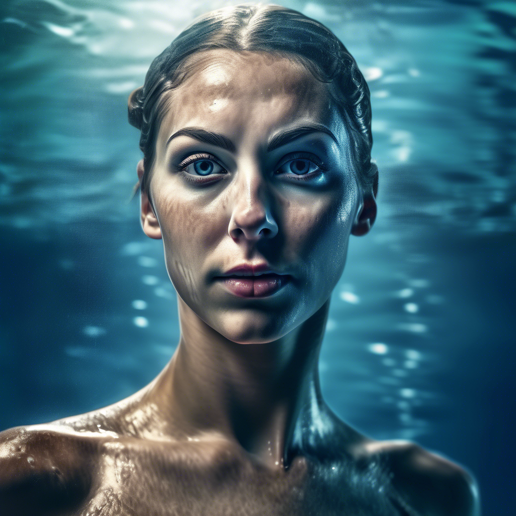 fully body centered portrait photo of a female swimmer with make up, 50mm portrait photography, hard rim lighting photography - the photo must be real