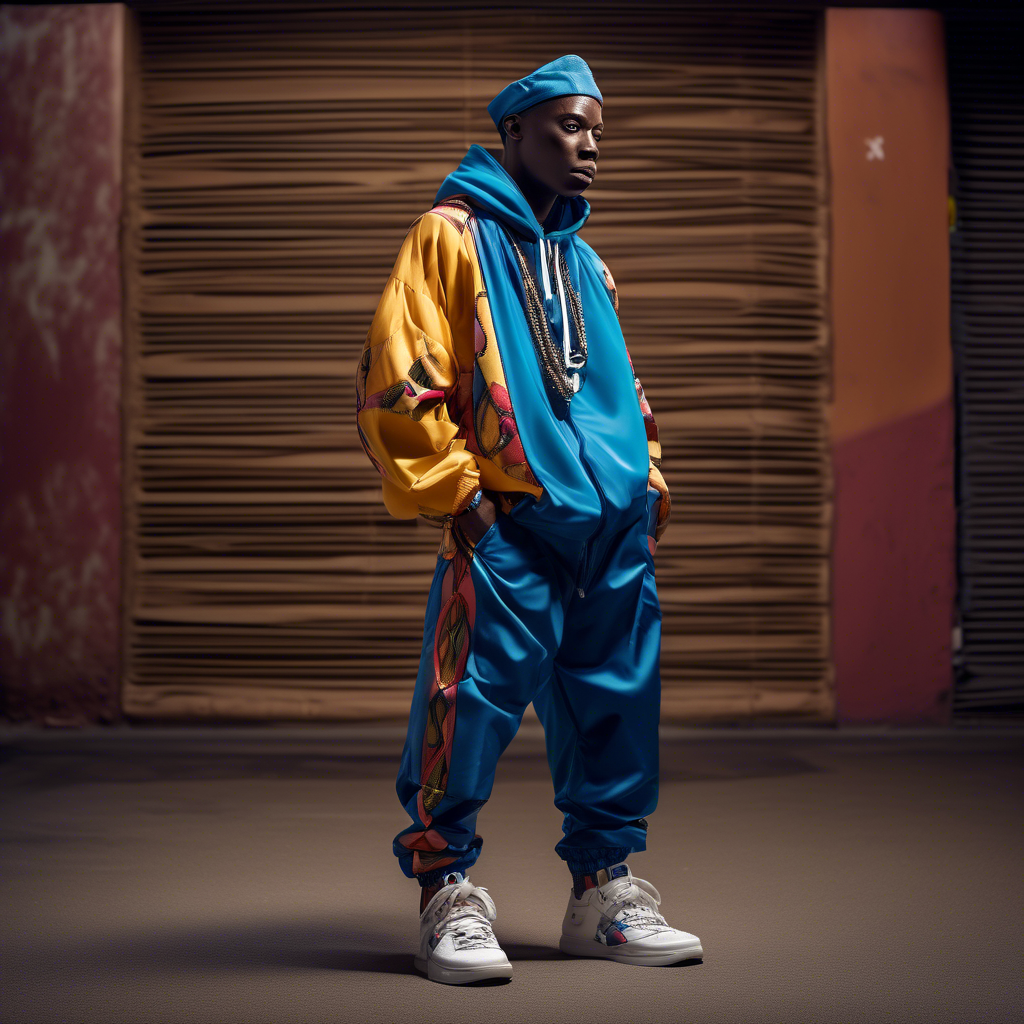 Fashion photography of an African dressed in large hiphop clothes from 1980s , wearing sneakers , Sony Alpha α7, ISO1900, volumetric lighting,