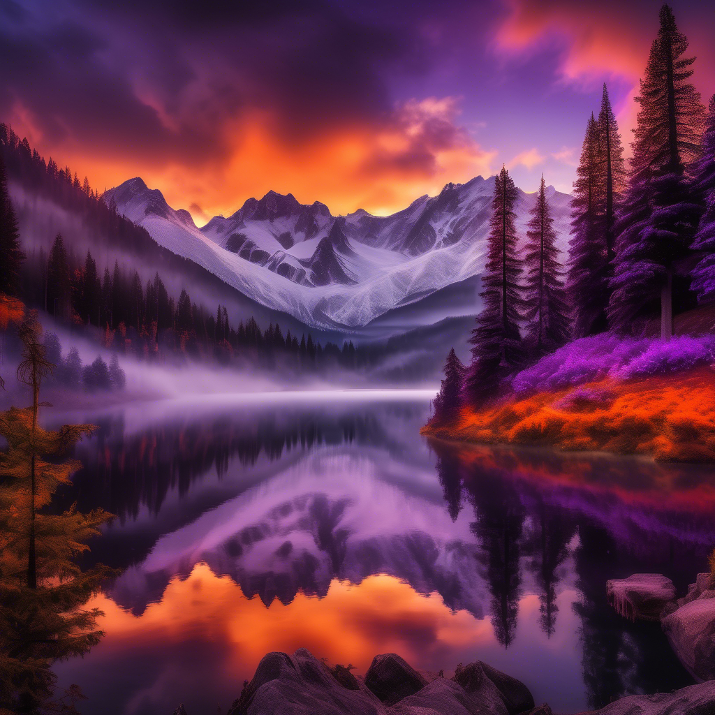 A breathtaking view of snow-capped mountains under a vivid orange and purple sunset, with a pristine lake reflecting the peaks. The scene includes lush pine trees in the foreground and mist rolling over the hills. Captured in 8K resolution with HDR lighting, a wide-angle 24mm lens, and vibrant color grading. The mood is serene and awe-inspiring.