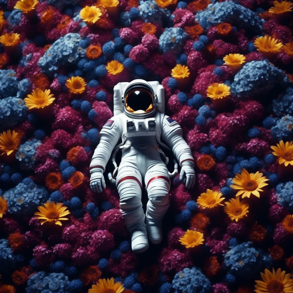 astronaut laying in flowers, top view, cinematic, dark light, beautiful colors, detailled, 4k