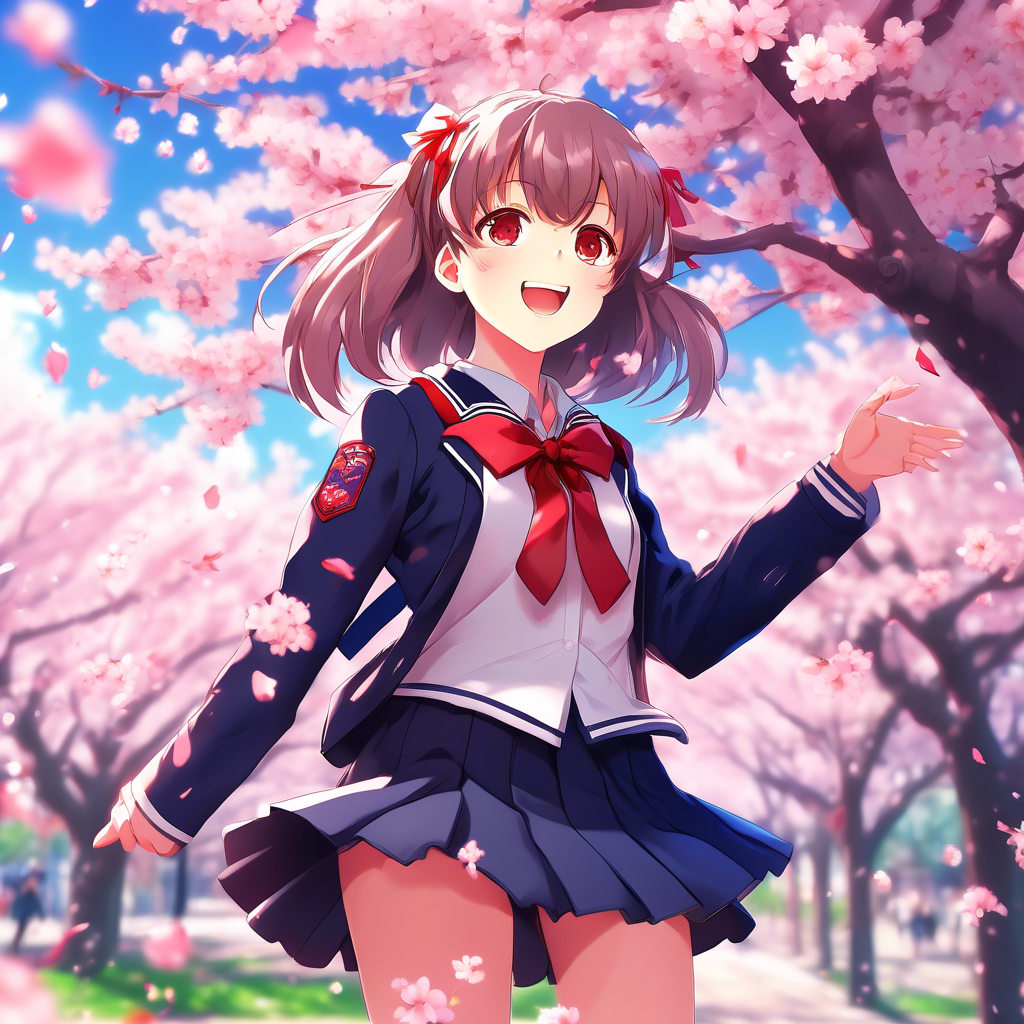 "Schoolgirl with Sakura Blossoms" A cheerful anime schoolgirl with a navy uniform and a red ribbon, standing under blooming cherry blossom trees. Petals float around her in the breeze. Rendered in 8K with vibrant pastel tones.