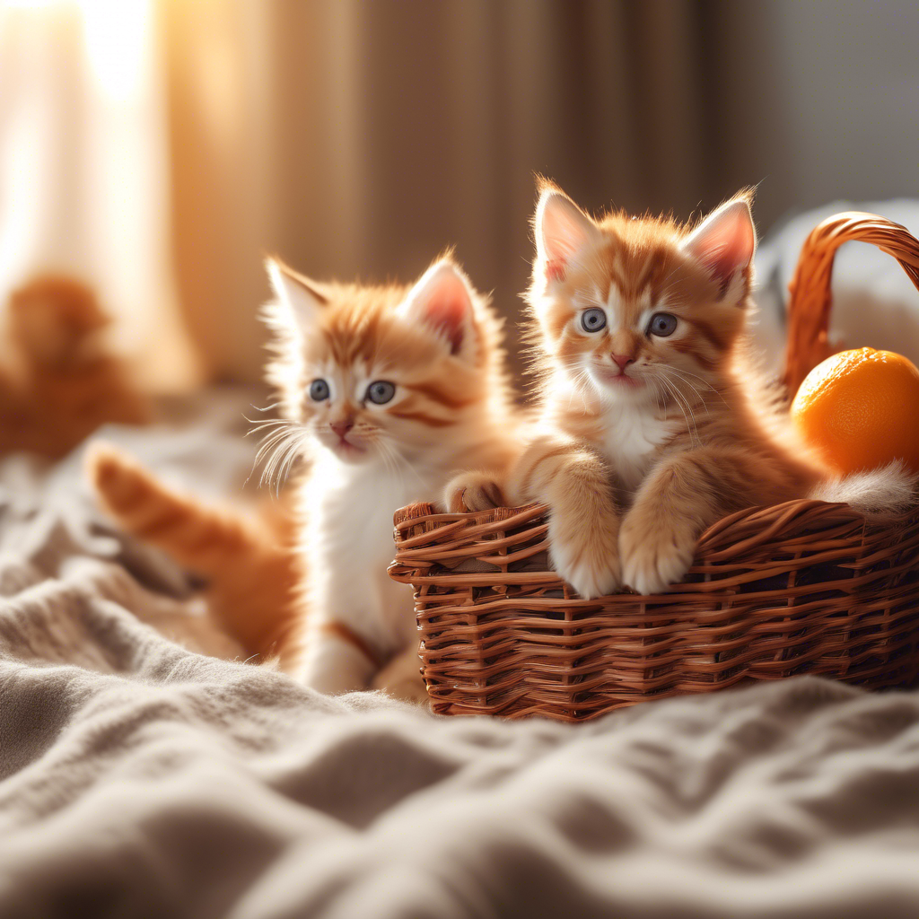 "Playful Kittens in a Basket" Two fluffy kittens, one orange tabby and one gray, playing in a wicker basket on a soft blanket. The setting is a sunlit room, with a cozy and warm atmosphere. Captured in 8K with shallow depth of field.