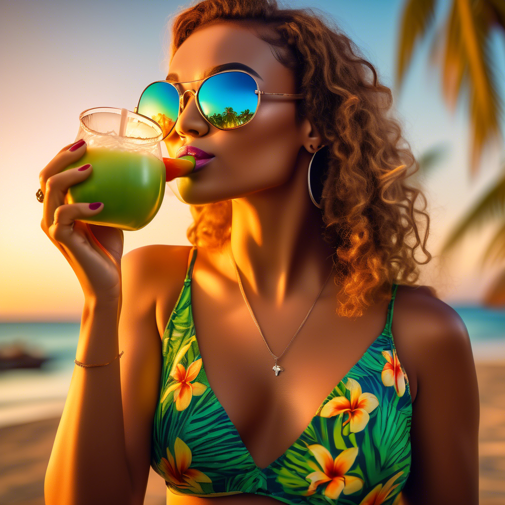 a famous female pop artist dressed in tropical beachwear and aviator sunglasses, sipping a coconut drink under a sunset sky, captured with Fujifilm GFX100, ISO200, vibrant color