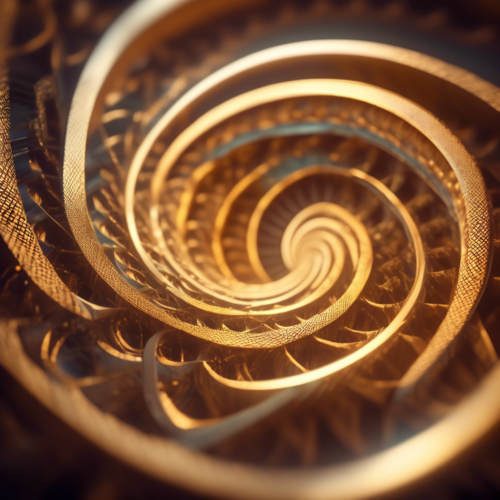 An abstract geometric design with interlocking Fibonacci spirals, glowing in radiant gold and soft pastel gradients.