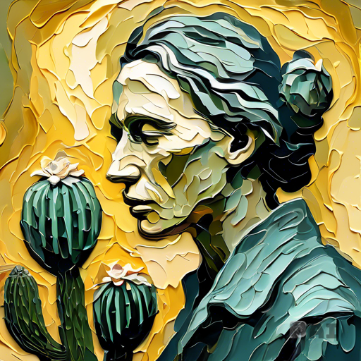Fusion between Grisaille and Thick impasto, Stunning Portrait art in the style of van gogh model looking at a cactus flower bloom