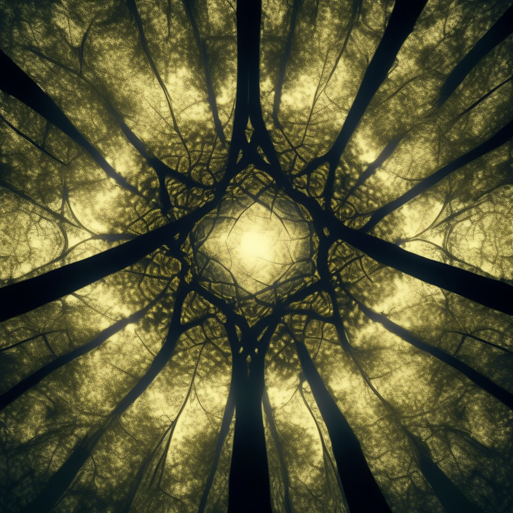 A fractal-based forest canopy with golden ratio branches extending symmetrically, glowing with soft sunlight streaming through.