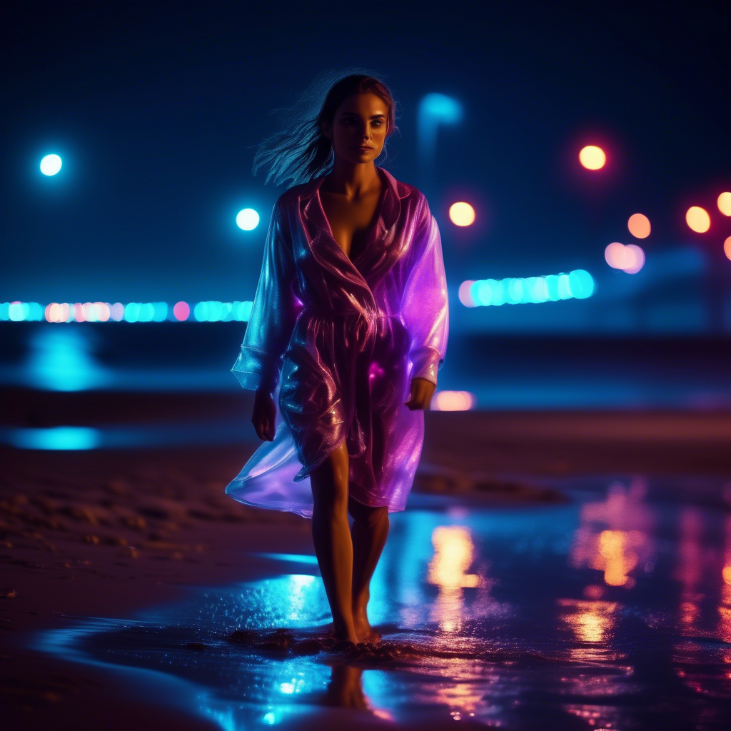 A confident girl in a night wear walking on a beach at night, neon lights reflecting off the wet sand, captured in 4K with a 50mm lens and dramatic lighting.