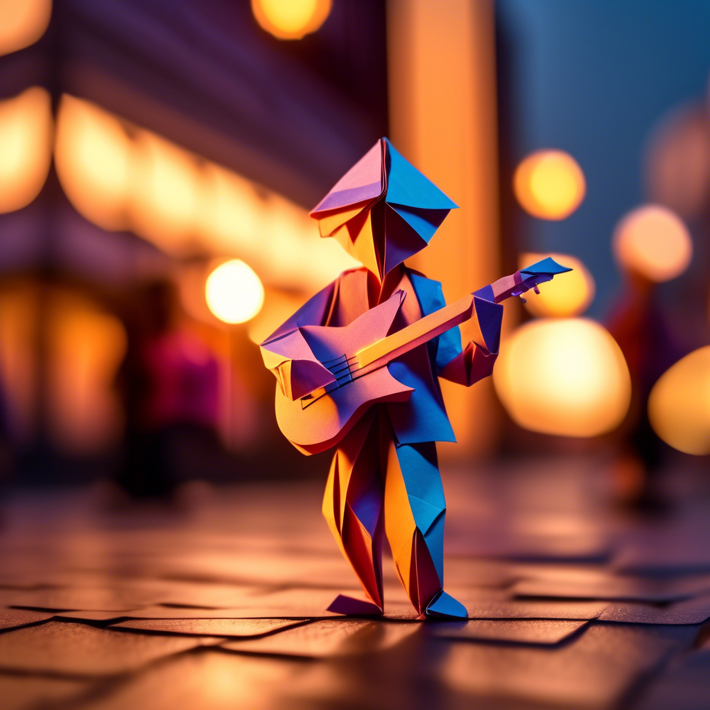 A young guitarist performing on a bustling urban street at sunset. The background features blurred pedestrians and glowing shop lights. Captured in 8K with a cinematic lens, vibrant color tones, and dynamic lighting.