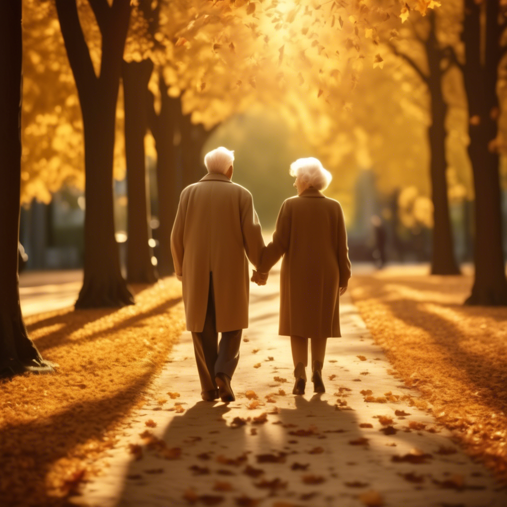 "Senior Couple Walking in a Park" An elderly couple holding hands, walking down a tree-lined path with autumn leaves covering the ground. The scene is serene, with soft golden-hour lighting in 8K resolution.