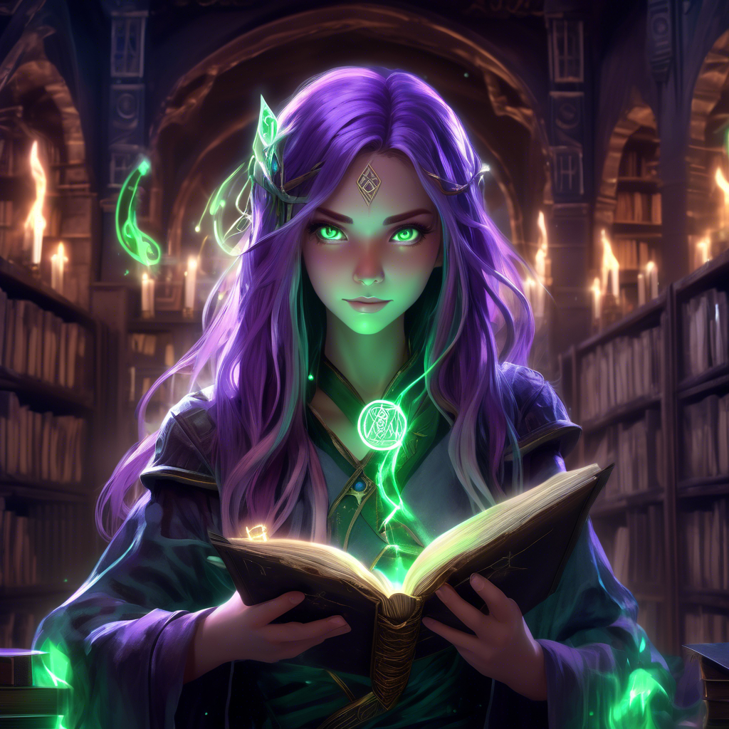 "Mystical Anime Girl with a Spellbook" An anime girl with glowing green eyes and long purple hair, holding an ancient spellbook with magical runes floating around her. The background is a dark, mystical library. Rendered in 8K with soft, glowing lighting.