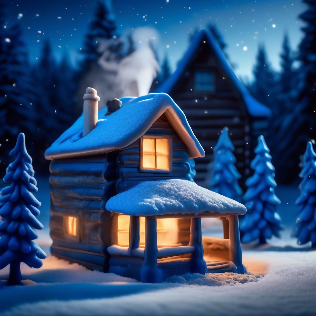 A rustic wooden cabin with smoke rising from its chimney, surrounded by snow-covered pine trees. A warm glow from the windows contrasts with the icy blue tones of the snow. The sky is a deep twilight blue with faint stars visible. Captured in 8K resolution with a 35mm lens, deep depth of field, and soft, natural lighting. The atmosphere is peaceful and inviting.
