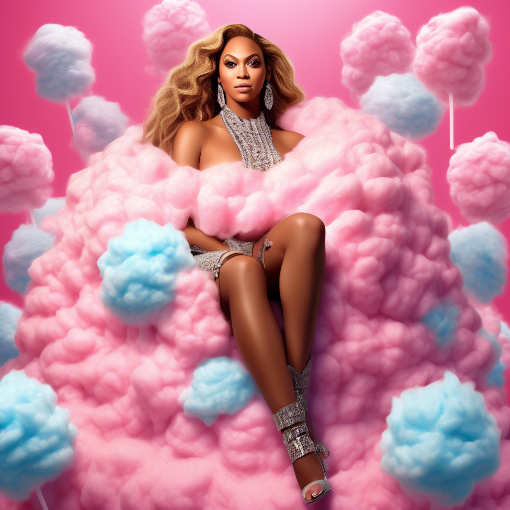 Beyonce sitting on a cotton candy, the photo must be real