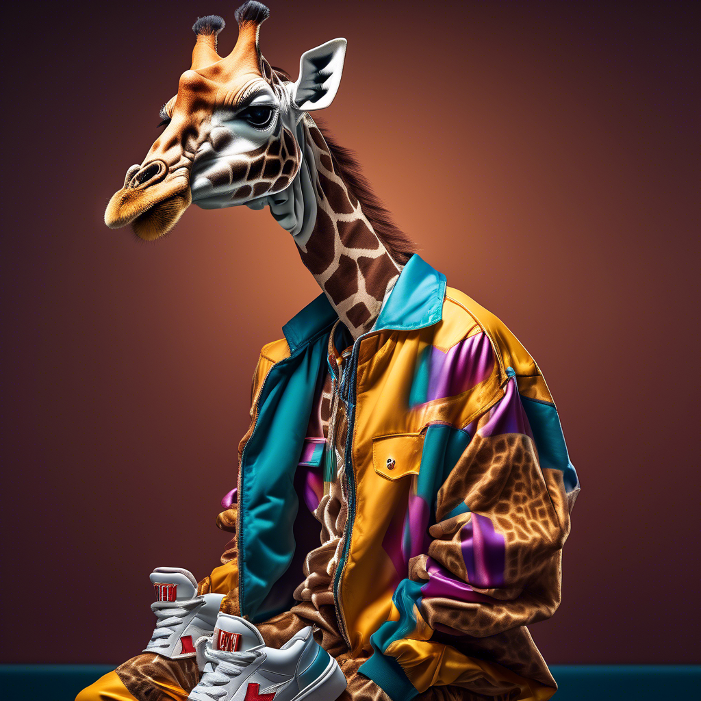 Fashion photography of a anthropomorphic giraffe dressed in large hiphop clothes from 1980s , wearing sneakers , Sony Alpha α7, ISO1900, volumetric lighting,