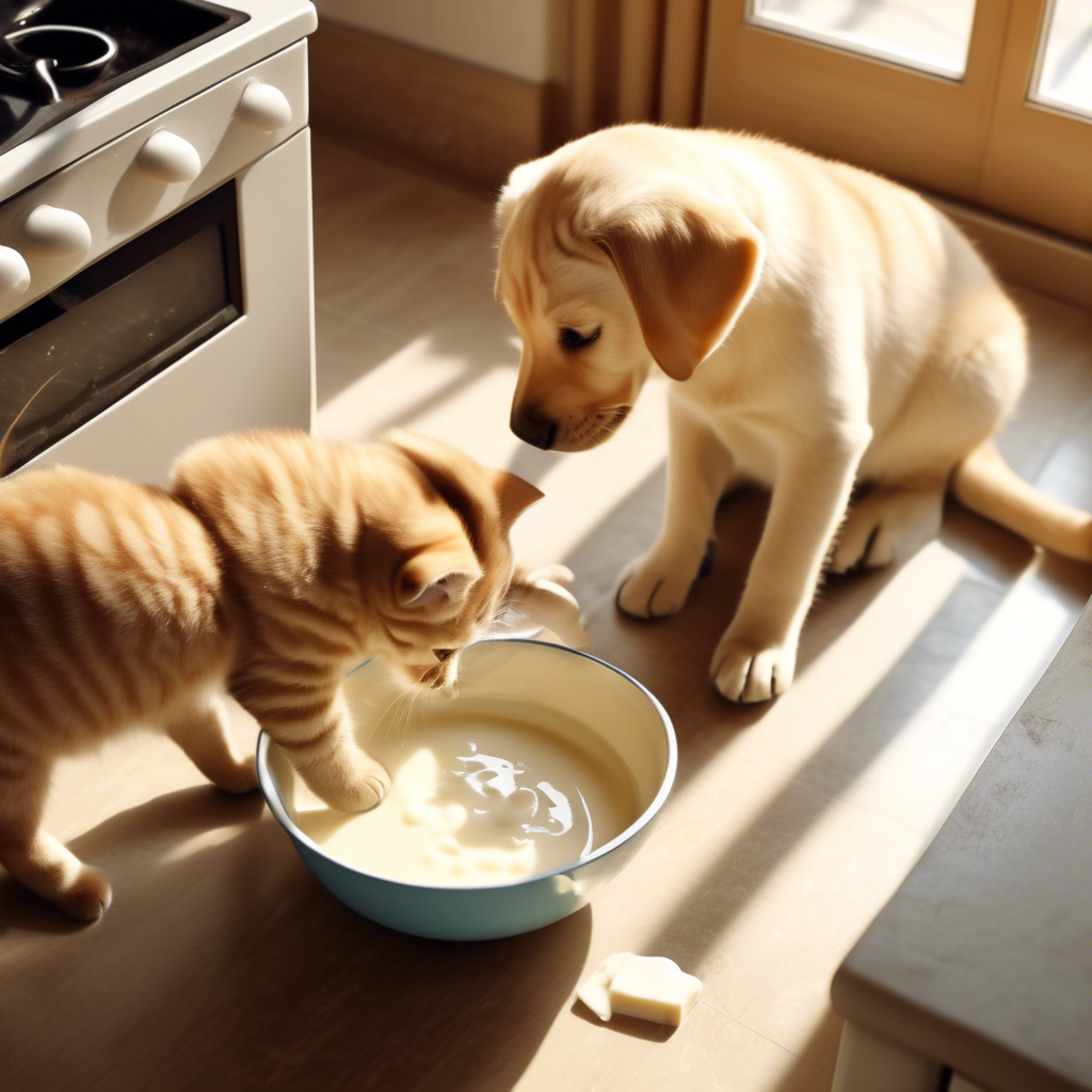 A playful tabby cat and a Labrador puppy sharing a bowl of milk in a sunny kitchen, captured in 4K with natural lighting and a slightly overhead angle.