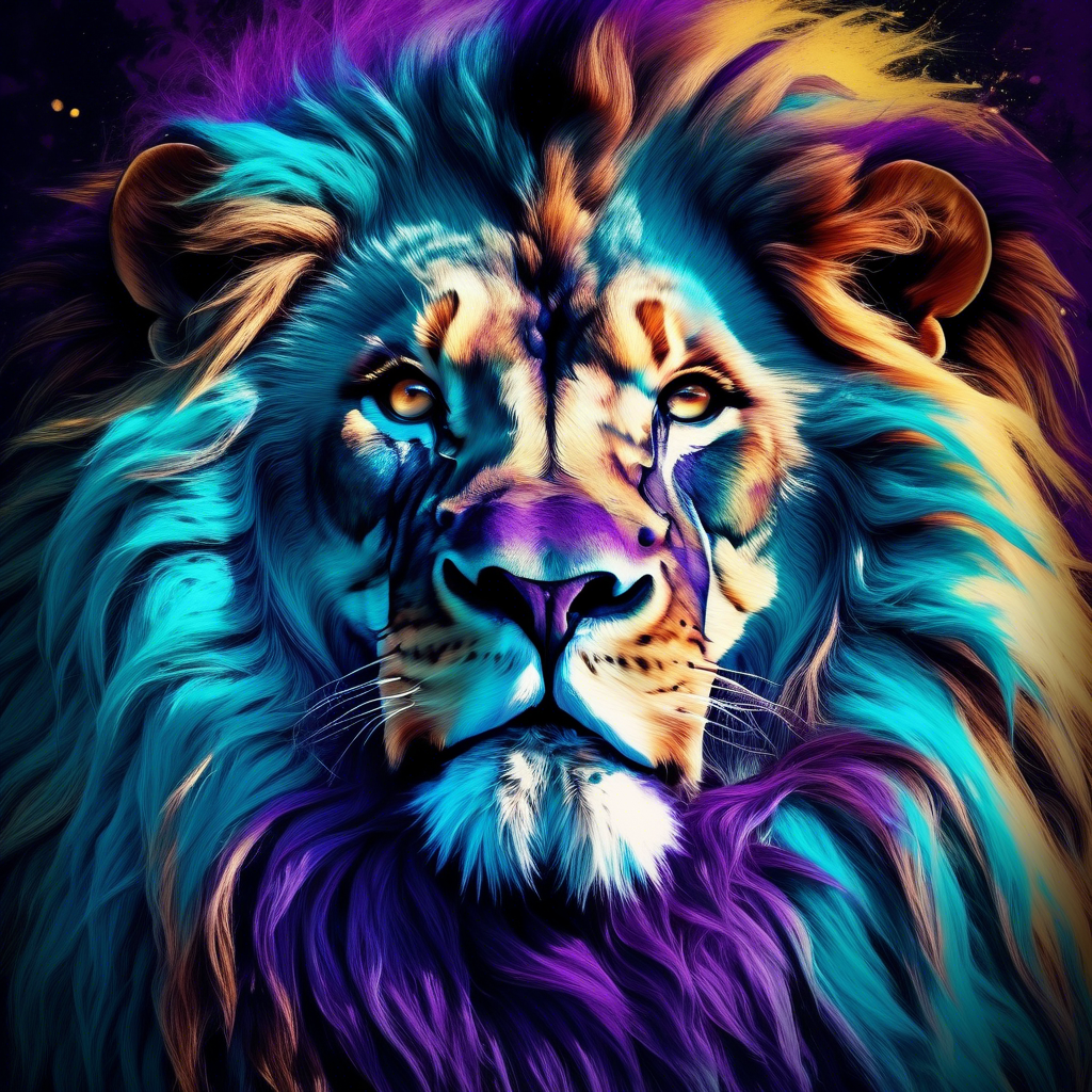 majestic lion with a flowing mane, painted in vibrant abstract colors of teal, purple, and gold, against a dark, textured background, captured in 8K with high-contrast lighting and dramatic shadows.