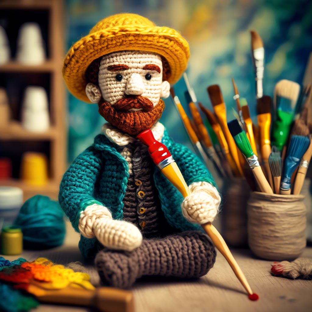 crochet doll of Vincent VanGogh HOLDING PAINTBRUSH in art studio