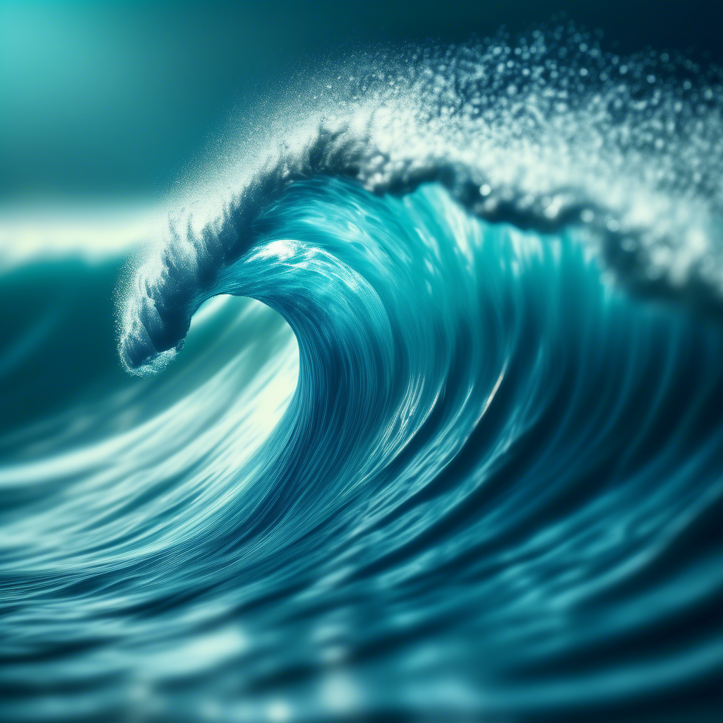 A mesmerizing ocean wave curling in perfect Fibonacci formation, with shimmering blue and turquoise hues.