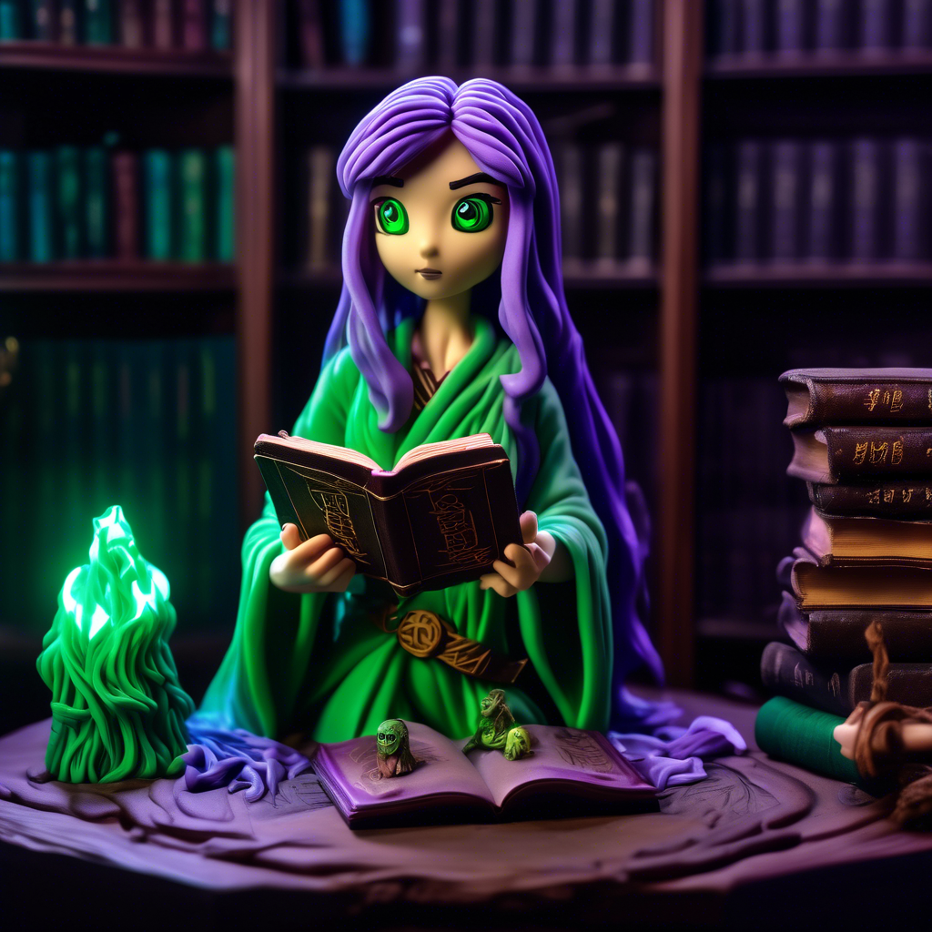 "Mystical Anime Girl with a Spellbook" An anime girl with glowing green eyes and long purple hair, holding an ancient spellbook with magical runes floating around her. The background is a dark, mystical library. Rendered in 8K with soft, glowing lighting.