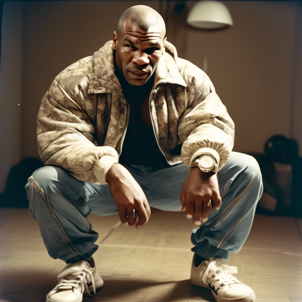 Fashion photography of a Mike Tyson dressed in large hiphop clothes from 1980s , wearing sneakers , Sony Alpha α7, ISO1900, volumetric lighting,