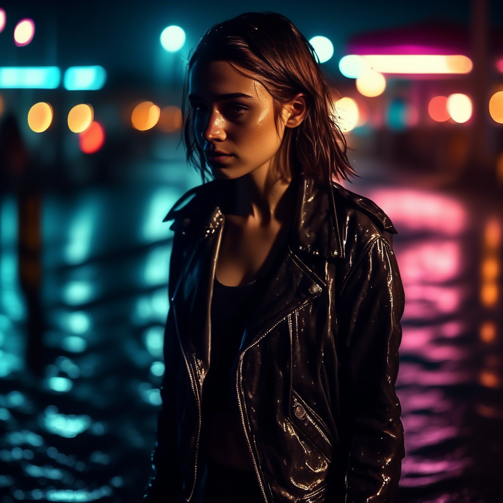 A confident girl in a leather jacket walking on a beach at night, neon lights reflecting off the wet pavement, captured in 4K with a 50mm lens and dramatic lighting.