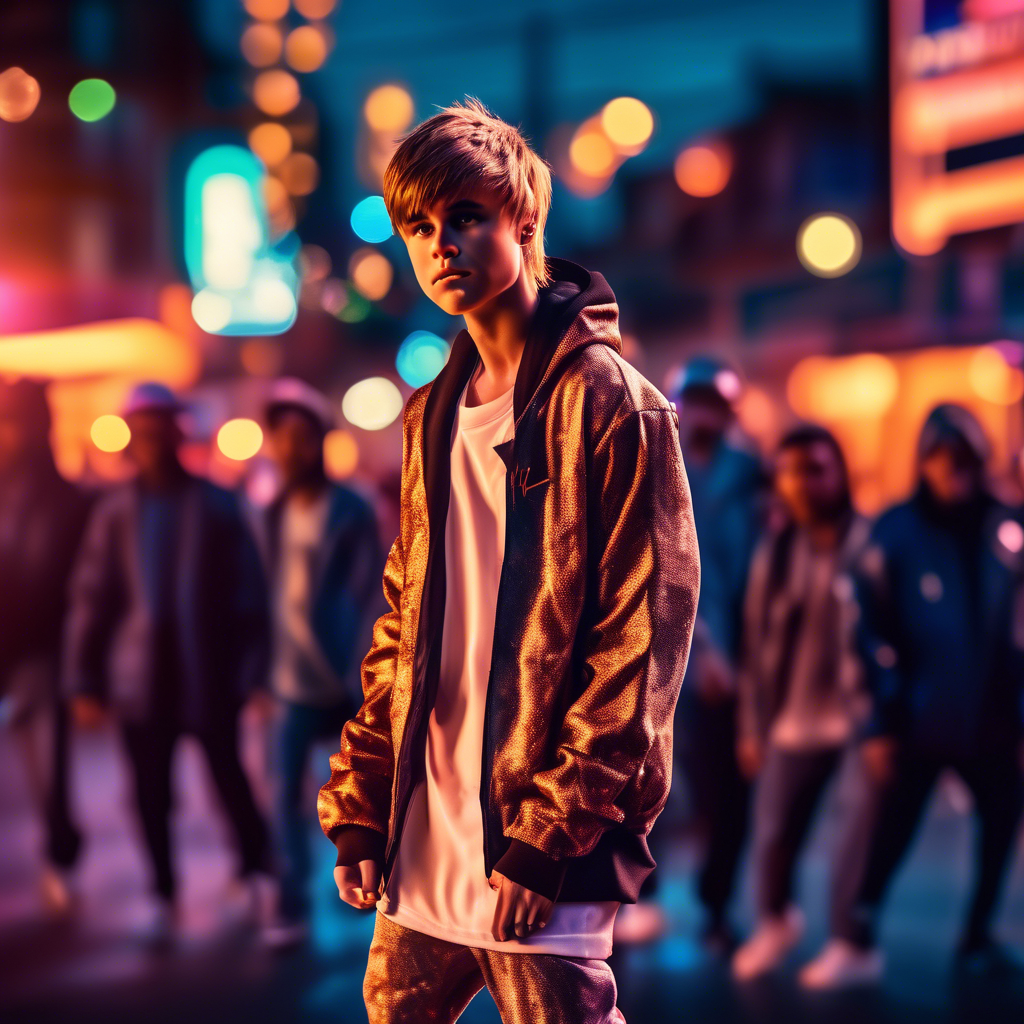 justin beiber performing on a bustling urban street at sunset. The background features blurred pedestrians and glowing shop lights. Captured in 8K with a cinematic lens, vibrant color tones, and dynamic lighting.