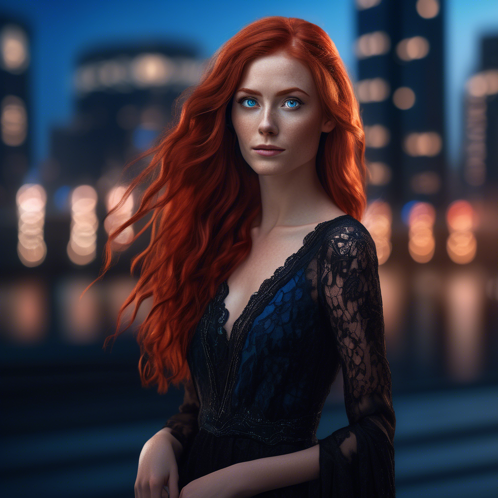 A striking portrait of a woman of culture with long, flowing red hair and piercing blue eyes, wearing a sleek black gown with intricate lace details. She stands against a blurred background of sparkling city lights at dusk. Captured in 8K resolution with a 50mm lens, soft bokeh, and warm, soft lighting highlighting her face and hair. The mood is sophisticated and intimate.